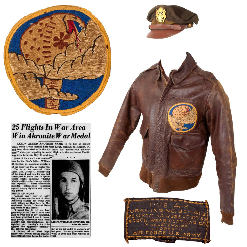 Original U.S. WWII 39th Fighter Squadron Distinguished Flying Cross Recipient Lt. William Mettler’s Patched A2 Flight Jacket & Crusher Cap - “Cobra in the Clouds” Original Items