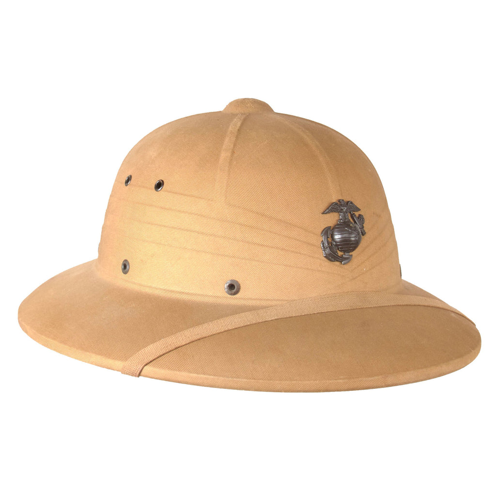 Original U.S. WWII-Era US Marine Corps Issue M-1940 Pressed Fiber Sun Helmet by Hawley with Scarce Bakelite EGA Device & Khaki Chinstrap - 1943 Dated Original Items