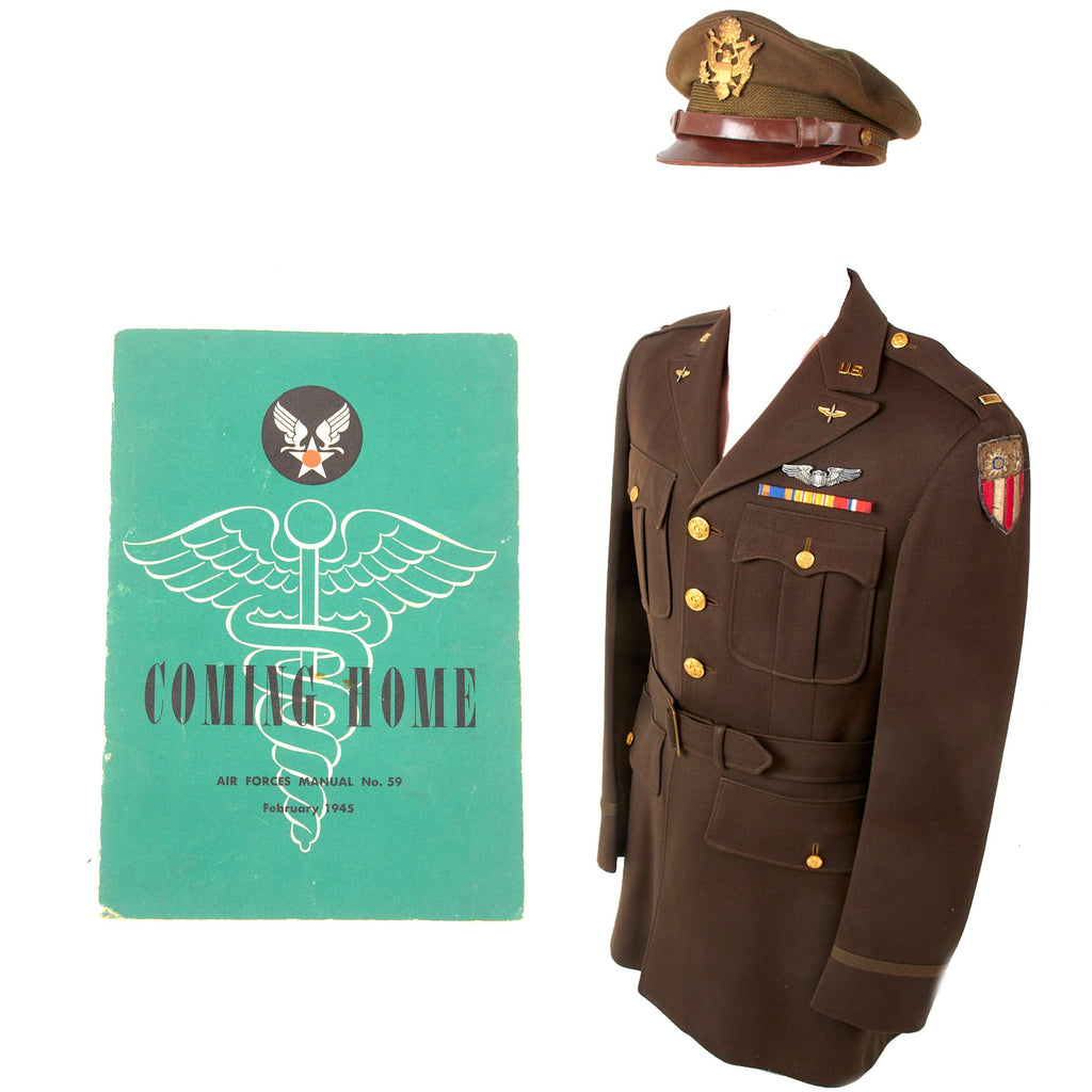Original U.S. WWII AAF CBI Pilot’s Uniform with Bullion SSIs and Officer’s Visor Cap - Sterling Pilot Wings Original Items