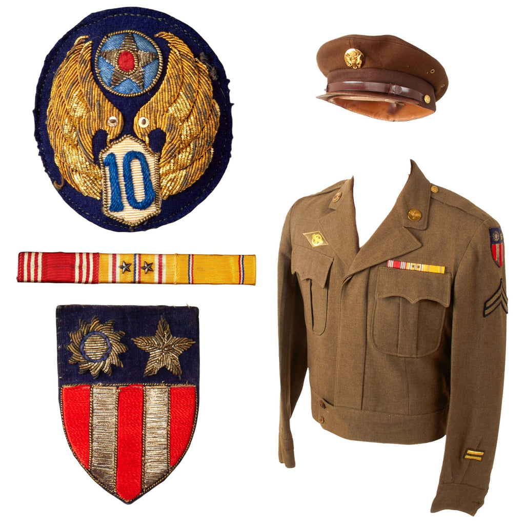 Original U.S. WWII AAF CBI 10th Air Force Custom-Tailored Ike Jacket Uniform Set with Bullion Patches & Visor Cap Original Items