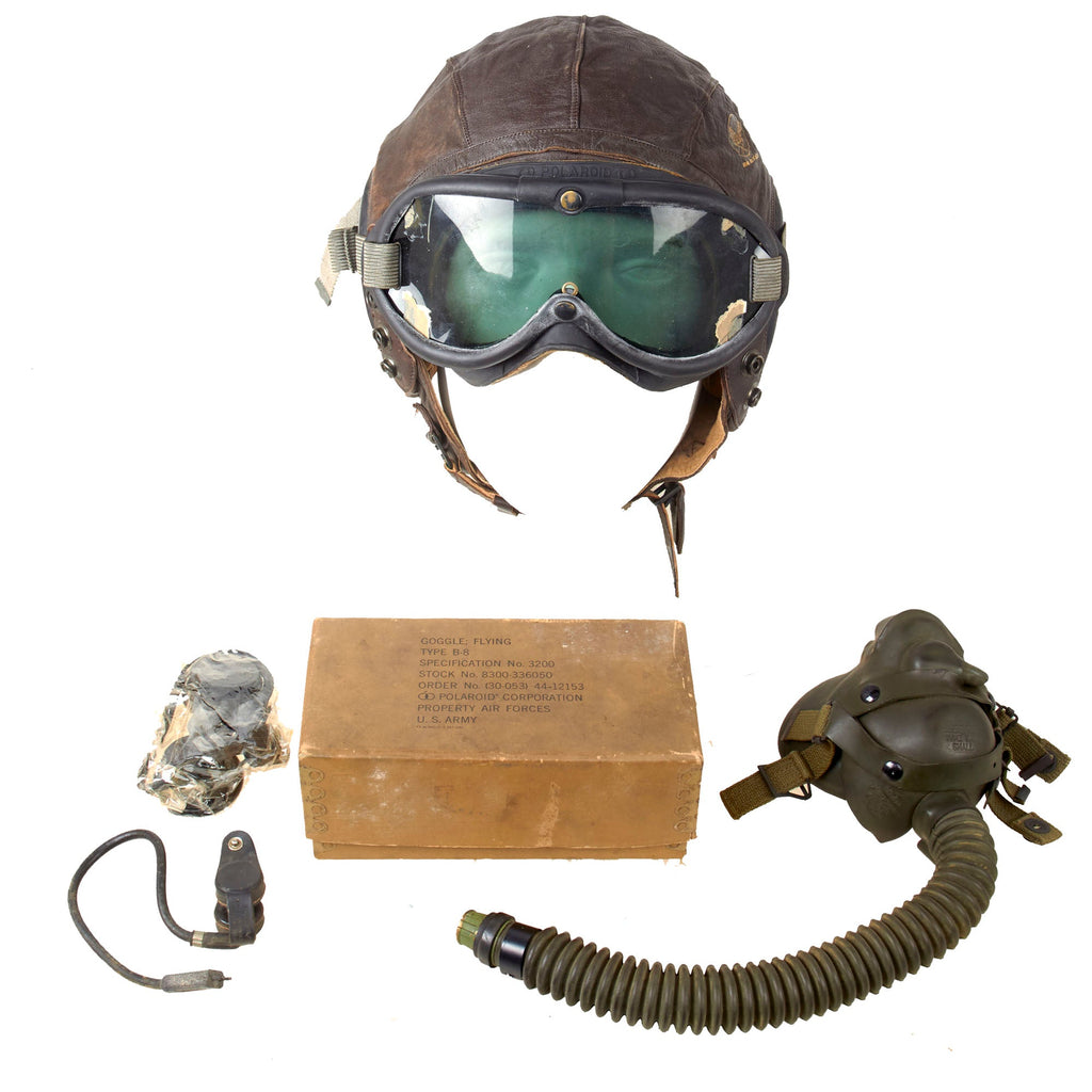 Original U.S. WWII Army Air Force Aviator Flight Helmet Set - Polaroid B-8 Goggles with Box, A-14 Mask And A-11 Helmet Original Items
