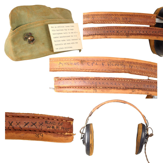 Original U.S. WWII USMC VMB-443 Radio Gunner’s R-14 Headset with Mission “Chit” and Australian-Made HBT Cap with Old Museum Tag - Corporal Frederick E. Ronson Original Items