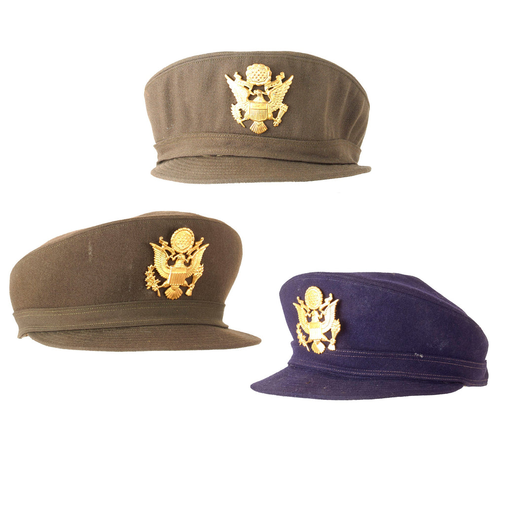 Original U.S. WWII Lot of Three Women's Army Corps WAC Hobby Hats - Two OD Green and One Dark Blue Original Items