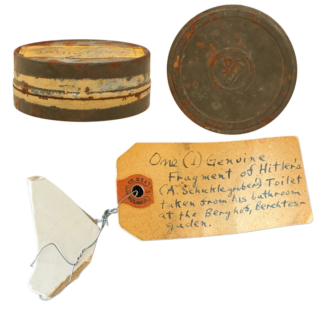 Original German WWII Piece of AH’s Toilet Taken from Retreat Der Berghof at Berchtesgaden with Period Tag in Film Cartridge Tin Original Items