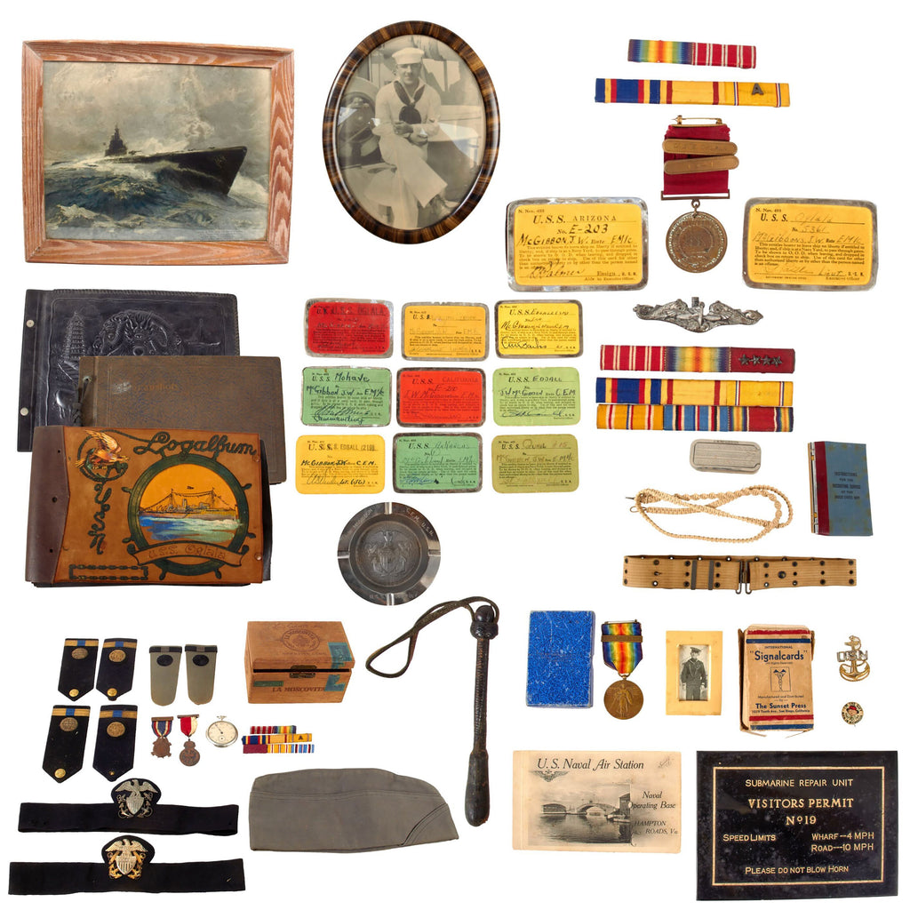 Original U.S. WWI & WWII Navy Grouping of John William McGibbon, USS Oglala at Pearl Harbor with Engraved Good Conduct Medal with Bars, USS Arizona Pass and Outstanding Ephemera, Scrapbooks, Portrait, and More Original Items