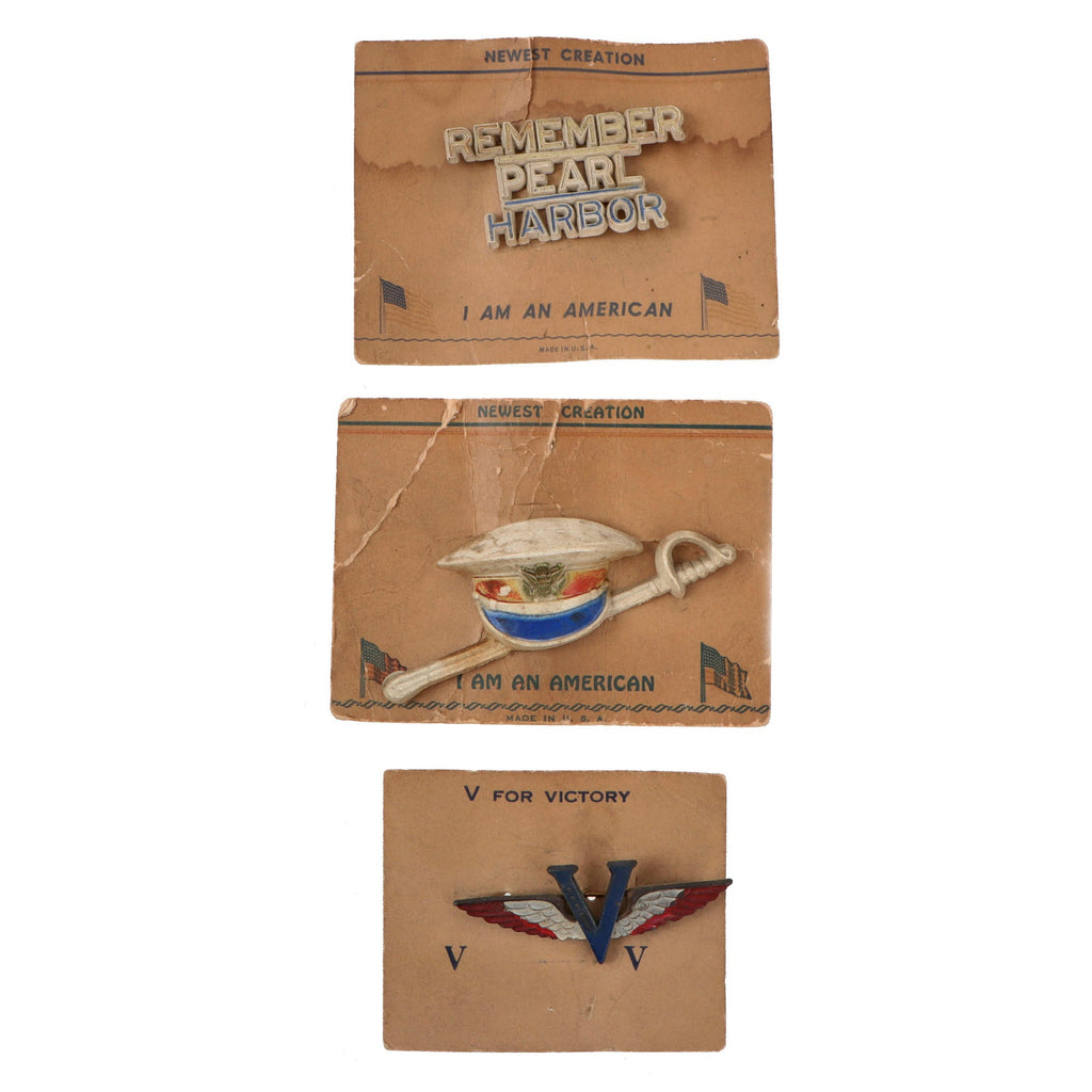 Original U.S. WWII Homefront Patriotic Pins on Original Cards - Lot of 3 Original Items
