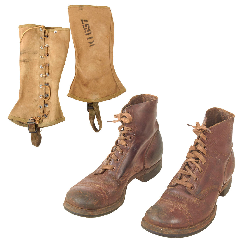 Original U.S. WWII 1942 Dated GI Cap Toe Type II Composition Sole Service Shoes with Leggings Original Items