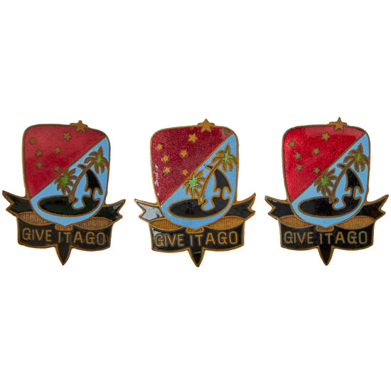 Original U.S. WWII Australian-Made Enamel 271st Field Artillery Battalion Distinctive Unit Insignia DUI “Give it a Go” - Set of 3 Original Items