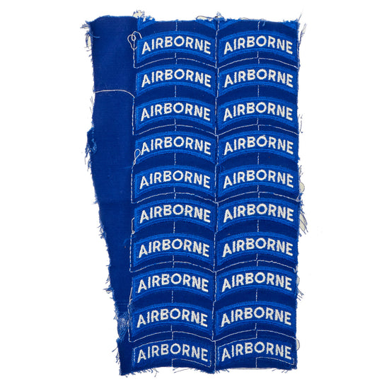 Original U.S. WWII Uncut Sheet of Twenty Blue & White Airborne Rockers from the Factory - As Used on 82nd & 11th Airborne Division SSI Original Items