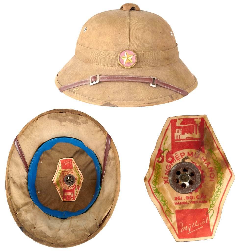 Original Vietnam War North Vietnamese Army (NVA) Pith Helmet with Red Star Badge & Hanoi Maker’s Label - Correct Wartime 1960s Construction Original Items