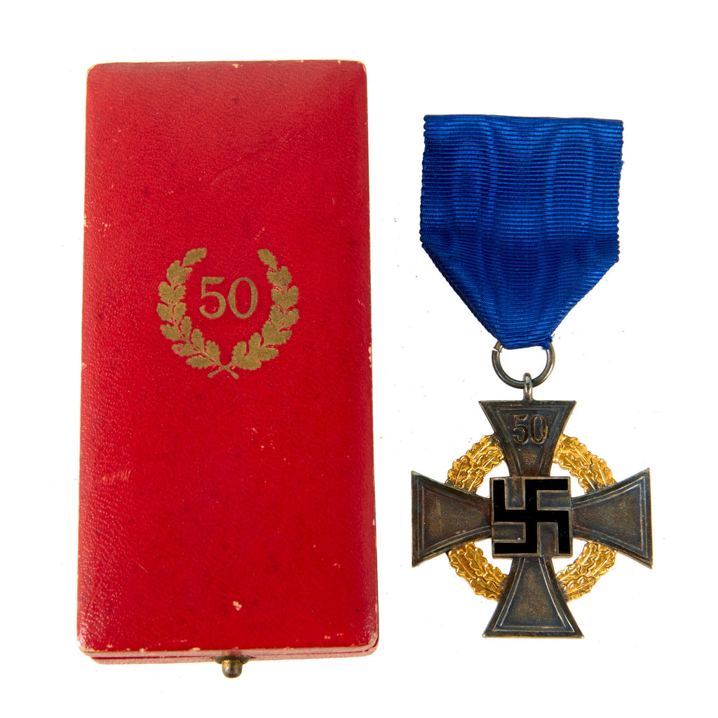 Original German WWII 1st Class with Oak Leaves 50 Year Civil Service Faithful Service Medal in Case by Deschler & Sohn Original Items