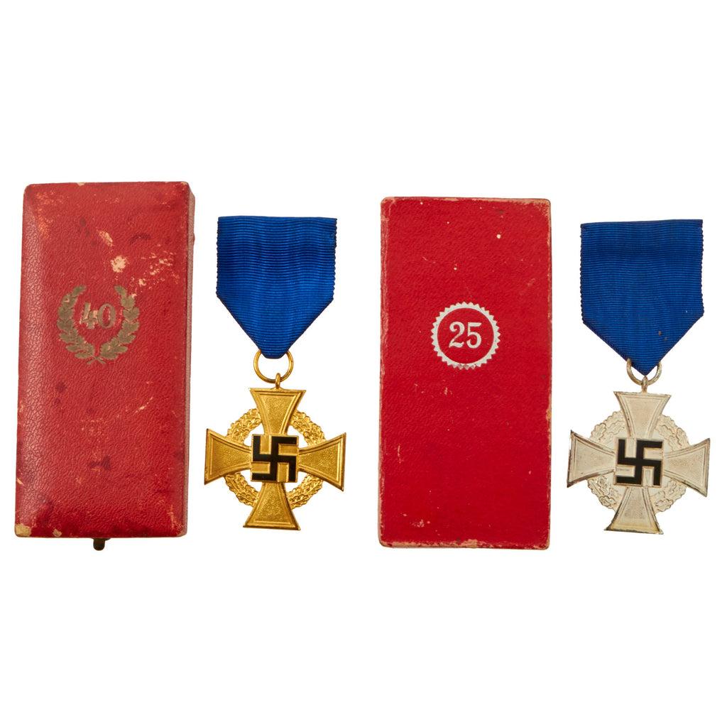 Original German WWII Set of Two Cased Civil Service Faithful Service Medals - 40 Year 1st Class and 25 Year 2nd Class Original Items