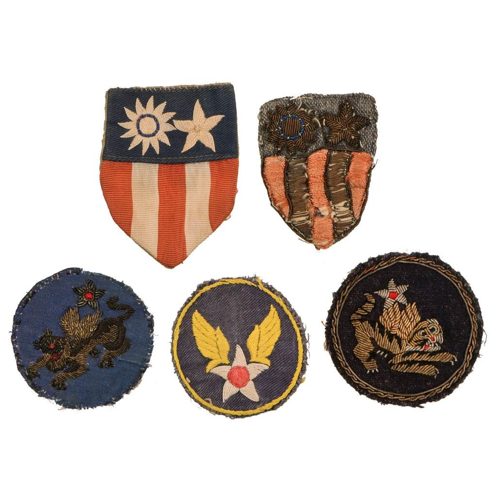 Original U.S. WWII AAF & CBI 14th Air Force Theater-Made Bullion Patch SSI Lot with Embroidered Collar Insignia - Lot of 5 Original Items