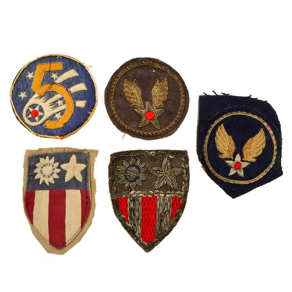Original U.S. WWII AAF & CBI Theater-Made Bullion Patch SSI Lot with Embroidered Collar Insignia - Lot of 5 Original Items