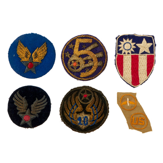 Original U.S. WWII AAF & CBI Theater-Made Bullion Patch SSI Lot with Embroidered Collar Insignia - Lot of 6 Original Items