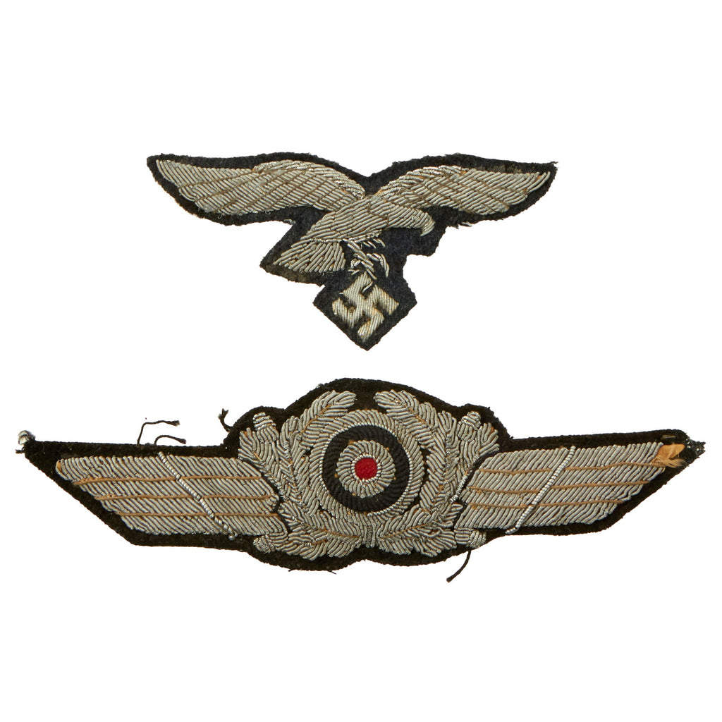 Original German WWII Luftwaffe Officers Embroidered Bullion Insignia Set - Uniform Breast Eagle and Cap Winged Wreath Original Items