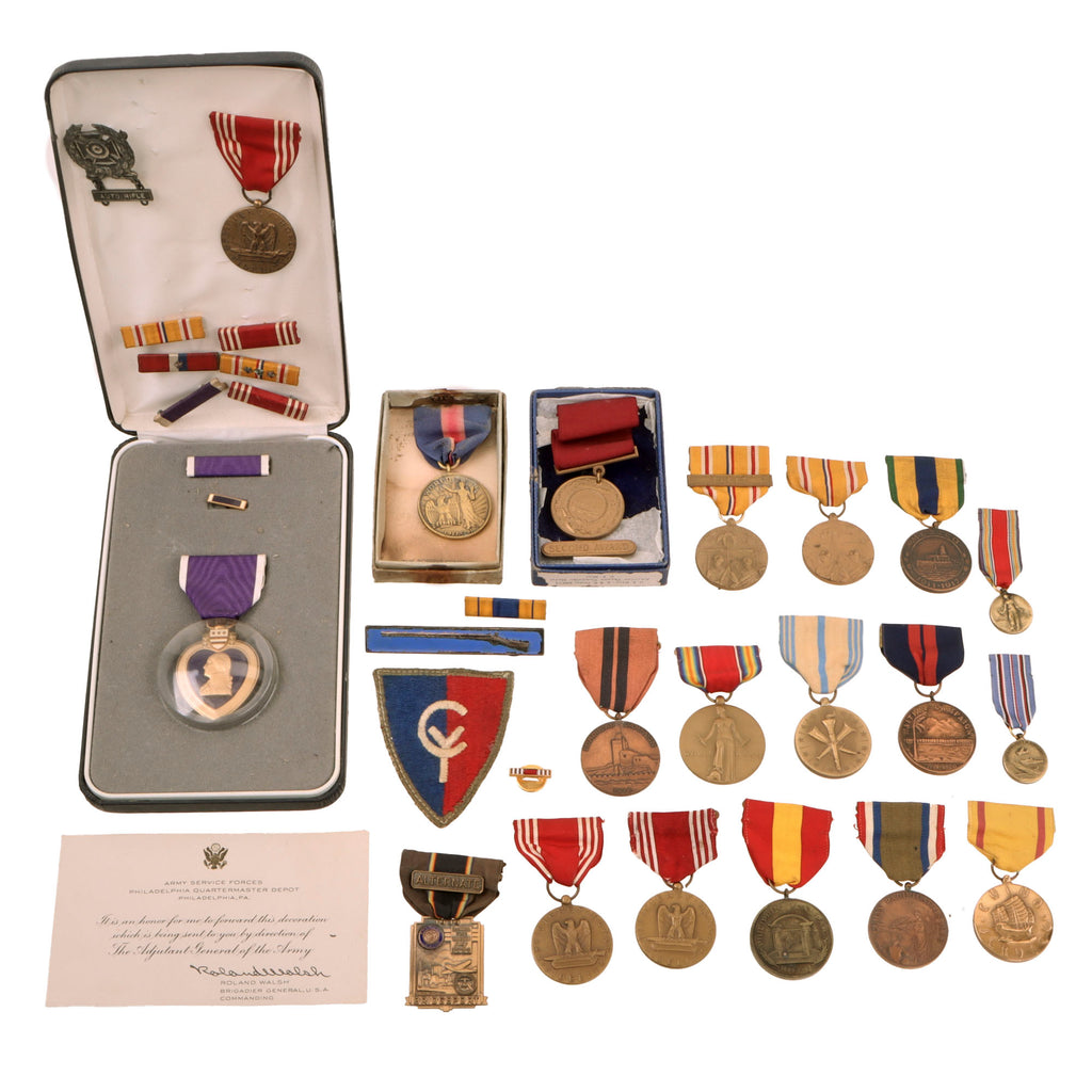 Original U.S. WWI - WWII Medal Lot with WWII Engraved Purple Heart Set & Early Medal Restrikes - Named Navy Good Conduct Medal - 18 Medals Total Original Items