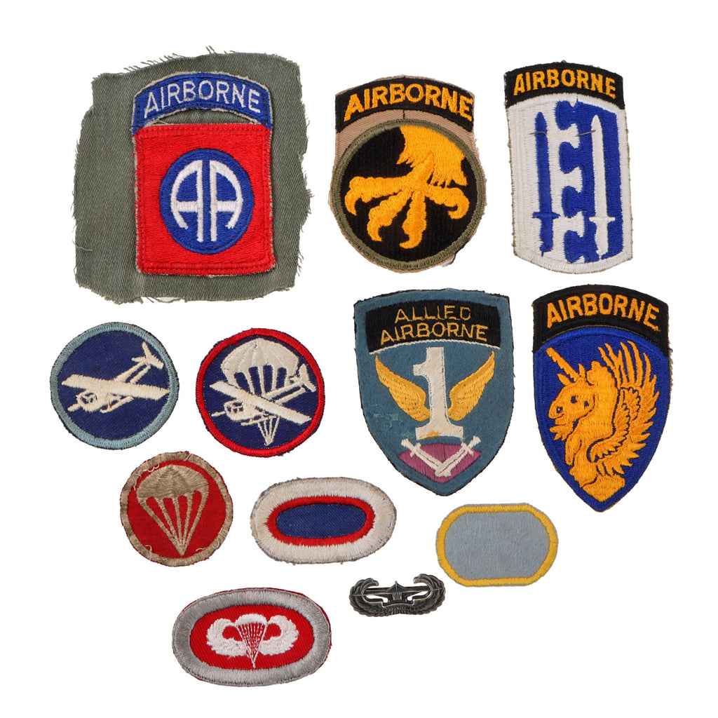 Original U.S. WWII Airborne Patch & Insignia Lot - Sterling Glider Wings & Airborne Ovals with Uniform-Removed 82nd Airborne Patch - 12 Pieces Total Original Items