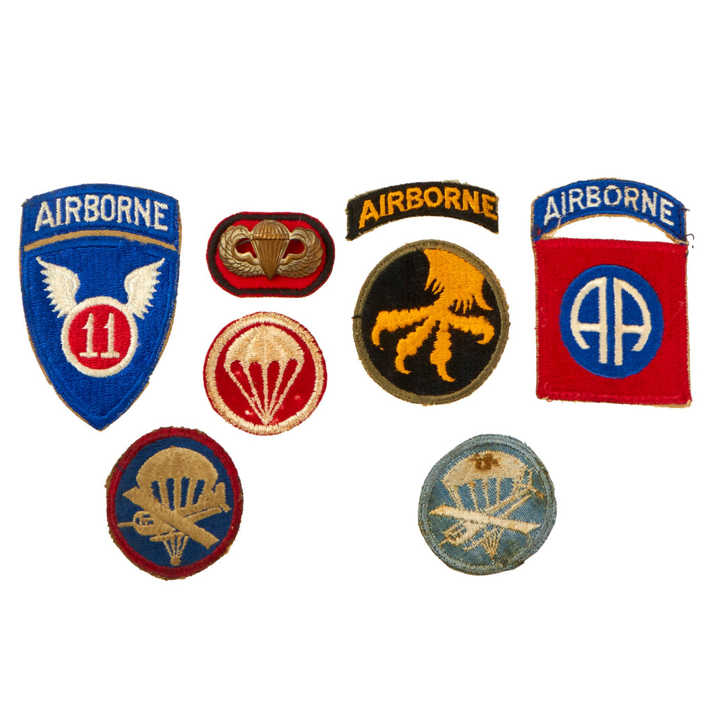 Original U.S. WWII Airborne Patch & Insignia Lot - Rare British Made Paratrooper Wings & Paraglider Garrison Cap Patches - 8 Pieces Total Original Items