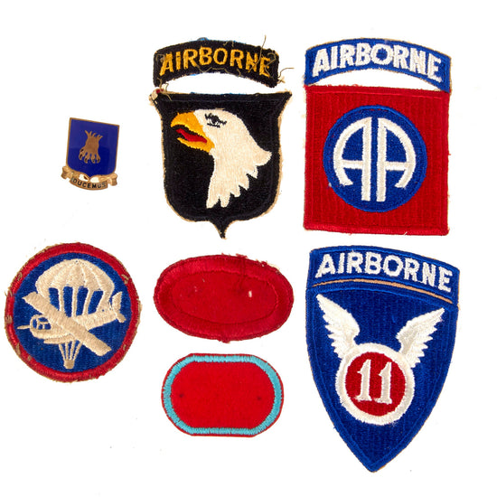 Original U.S. WWII Airborne Patch & Insignia Lot - 101st & 82nd Divisions, 501st & 101st Artillery Ovals & 22nd Bombardment Group DI - 7 Pieces Total Original Items