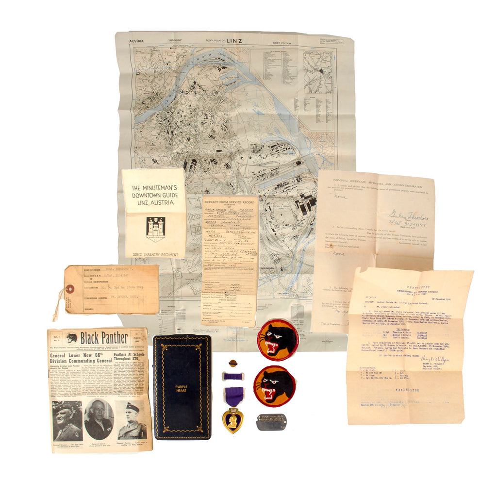 Original U.S. WWII 66th Infantry Division Purple Heart Medal & Dog Tag Grouping - Staff Sergeant Theodore W. Gula, 264th Infantry Regiment Original Items
