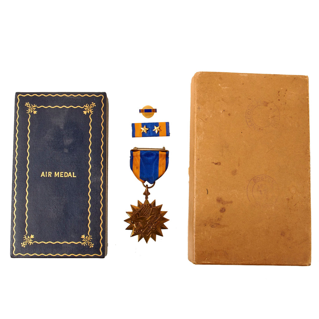Original U.S. WWII Navy Issue Air Medal with Wrap Brooch in Original Shipping Box & Presentation Case - Excellent Original Items