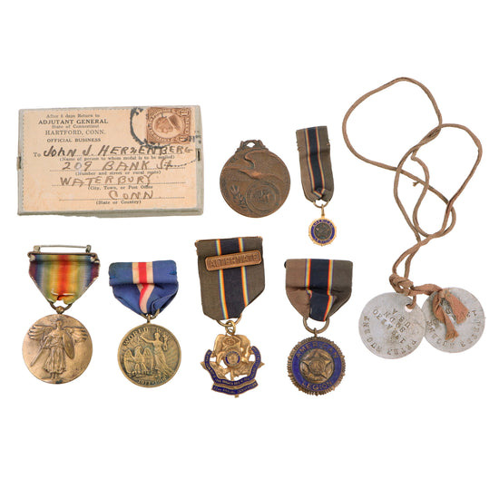 Original U.S. WWI Victory & Connecticut Service Medal Lot with Named Waterbury Medal, 139th Aero Squadron Dog Tags, American Legion Badges & Original Mailing Box - 6 Medals