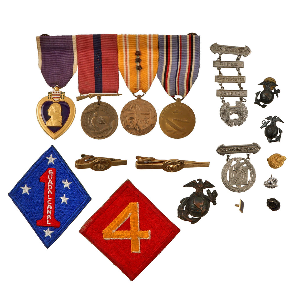 Original U.S. WWII Marine Corps Medal & Insignia Lot - Medal Bar & Patches Original Items