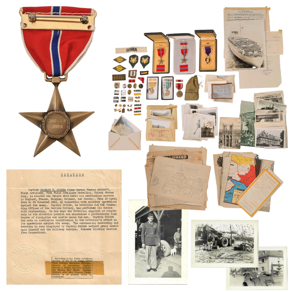 Original U.S. WWII 793rd Field Artillery Battalion Captain’s Bronze Star Grouping with Engraved Medal & Original Citation with Tons of Ephemera - Charles H. Svihra Original Items