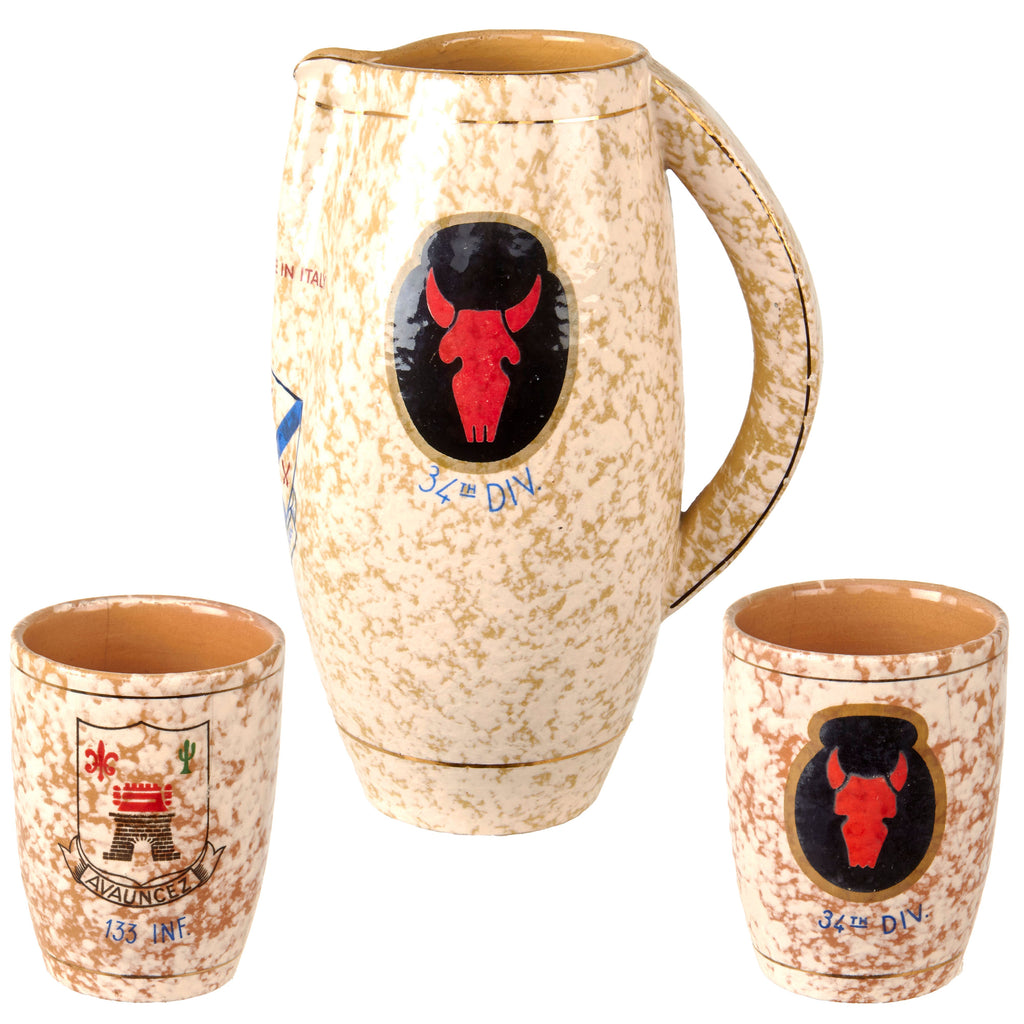 Original U.S. WWII 34th Infantry Division Italian-Made Pitcher & Cup Set with Glazed Infantry Regiment Insignia by Saca of Sestofiorentino, Italy - 133rd, 135th, & 168th Regiments Original Items