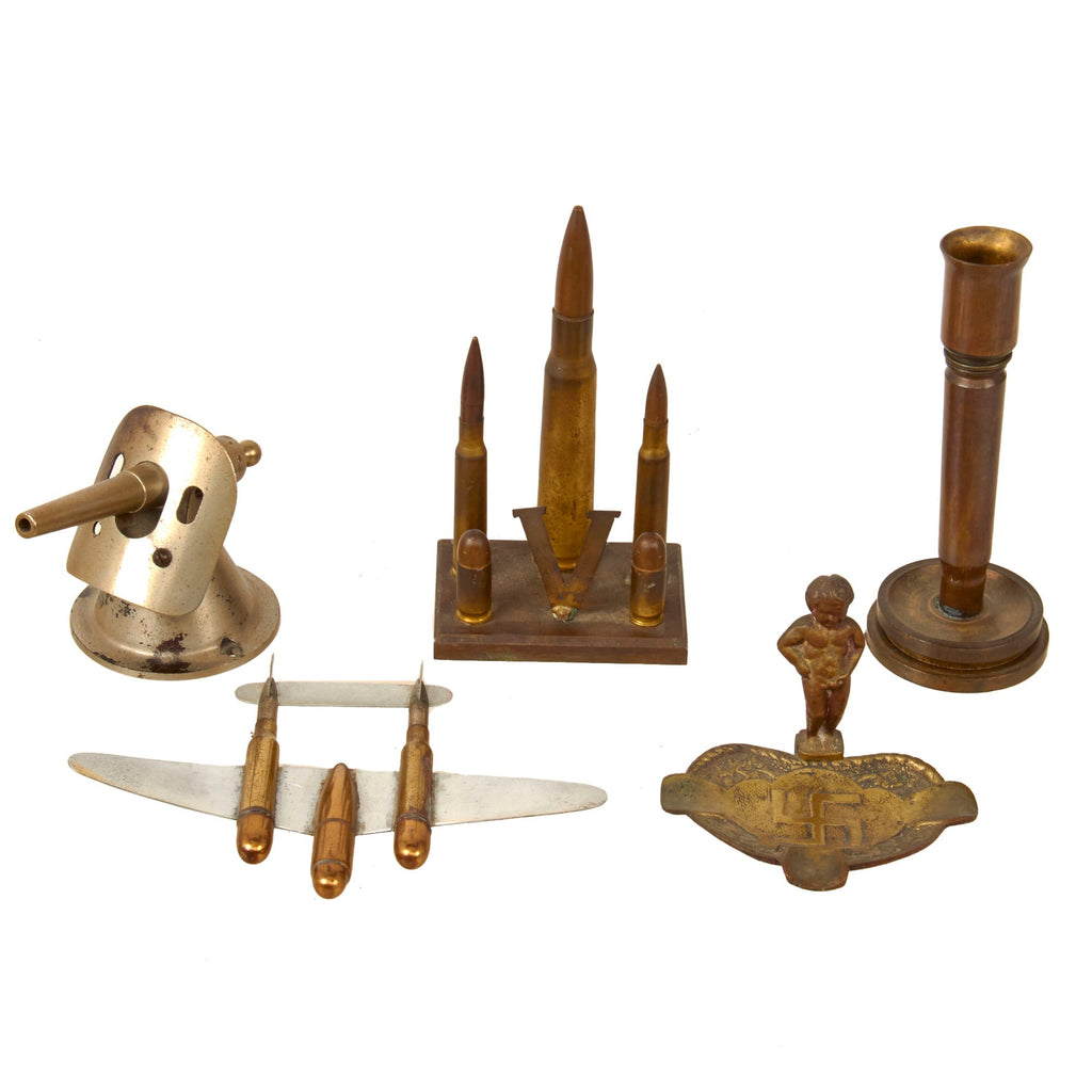 Original U.S. WWII Trench Art Lot with Anti-NSDAP Baby Urinating Ashtray & Shell Artillery Gun - Inert Original Items