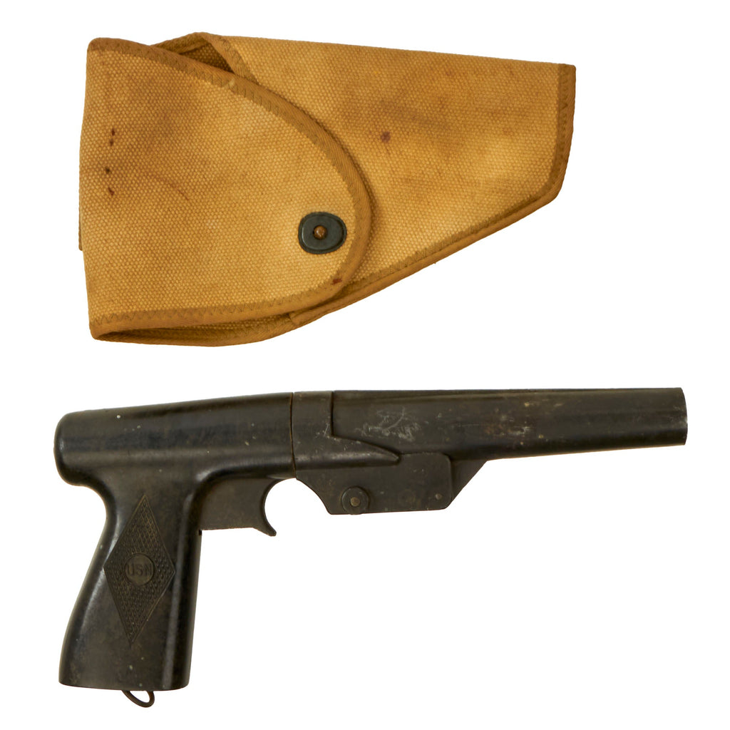 Original WWII U.S. Navy 10 Gauge Vulcan Mark 5 Signal Flare Pistol with Web Holster - Dated 1945 Original Items