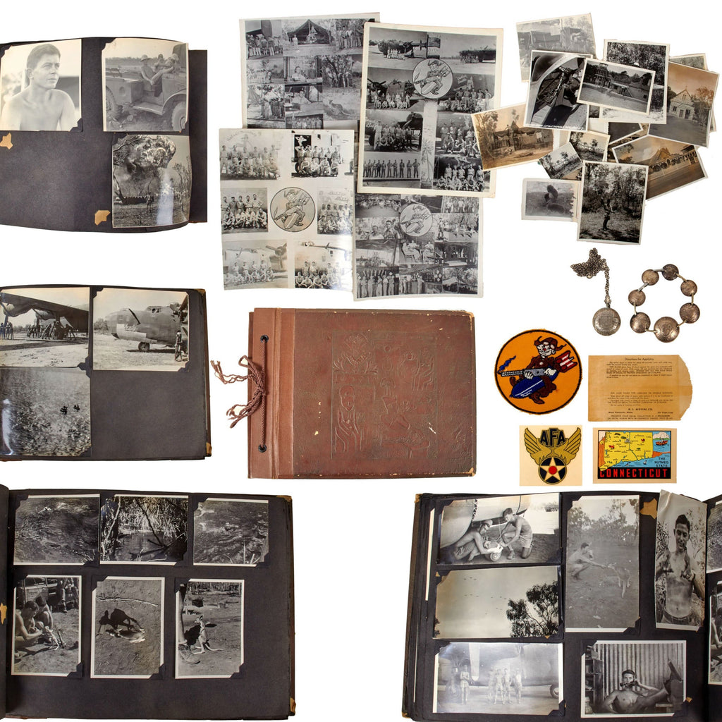 Original U.S. WWII AAF B-24 Photo Album Squadron Nose Art Photos & Great Photographic Content with Squadron Patch, Decals, & Foreign Coin Jewelry - 528th Bomb Squad, 345th Bomb Group - 110 Photographs Total Original Items