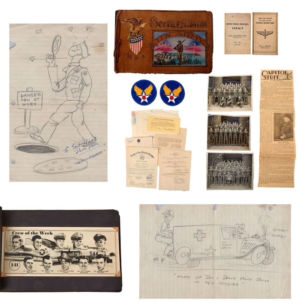 Original U.S. WWII AAF Nose Gunner Photo Album Group with Folder of Documents & Great Photographic Content - Corporal Louis Della Valle, 82nd Bomb Squad, 38th Bomb Group Original Items