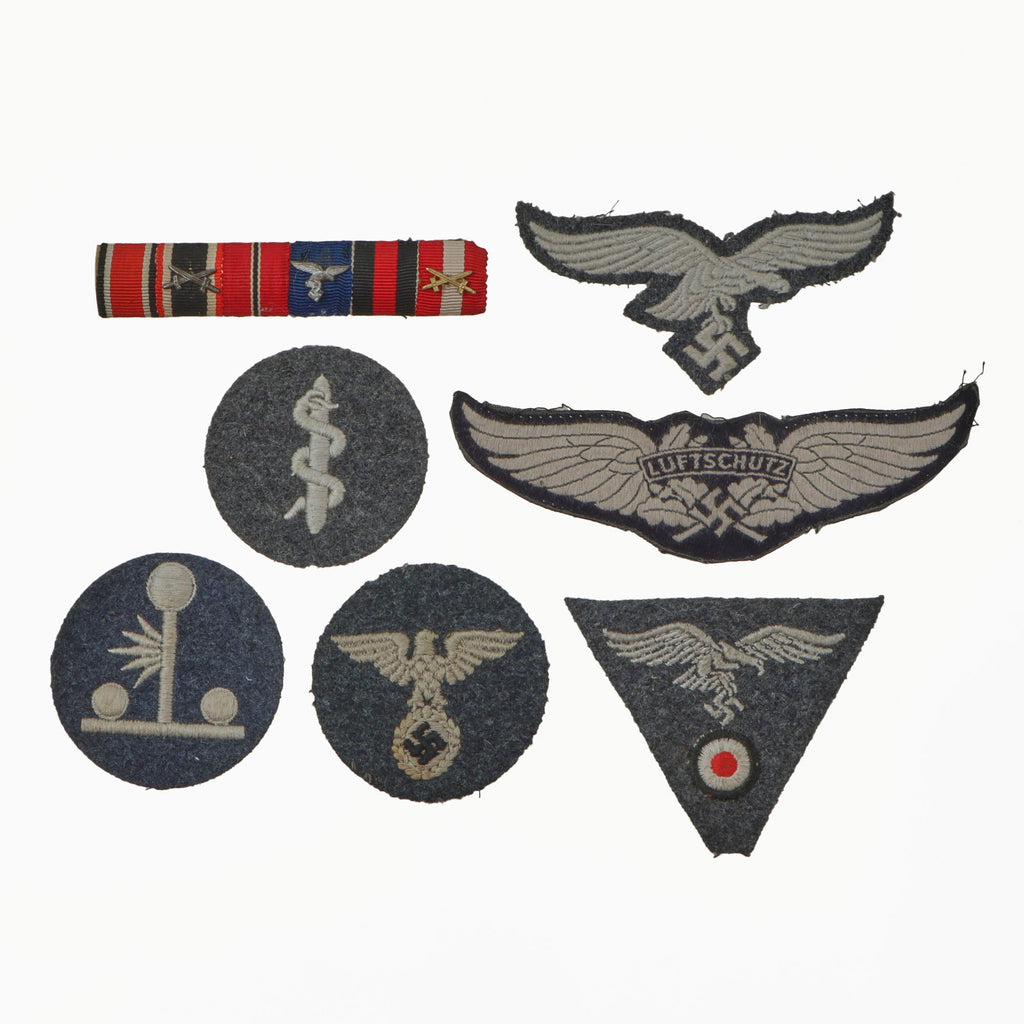 Original German WWII Luftwaffe Air Force Embroidered Insignia Grouping with 6 Award Medal Bar - 7 Items Original Items