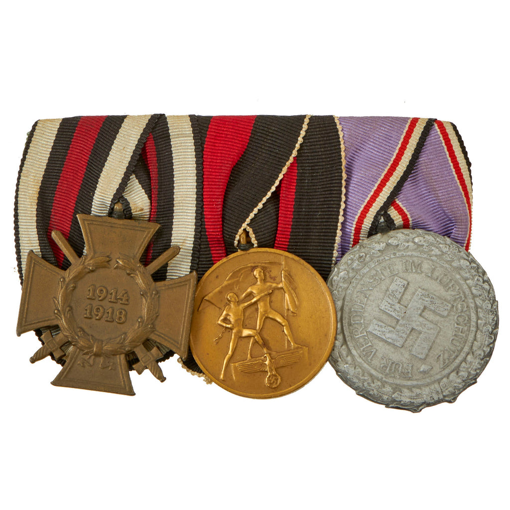 Original German WWI - WWII Era Medal Bar with Hindenburg Cross, Czech Conquest Medal and RLB Award - 3 Awards Original Items