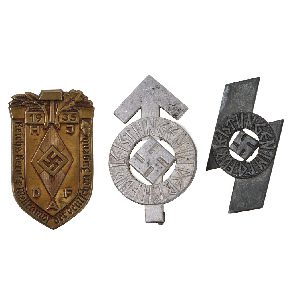 Original German WWII HJ National Youth Association Set of 3 Proficiency Badges - DJ Silver, HJ Silver, and Vocational Competition Original Items
