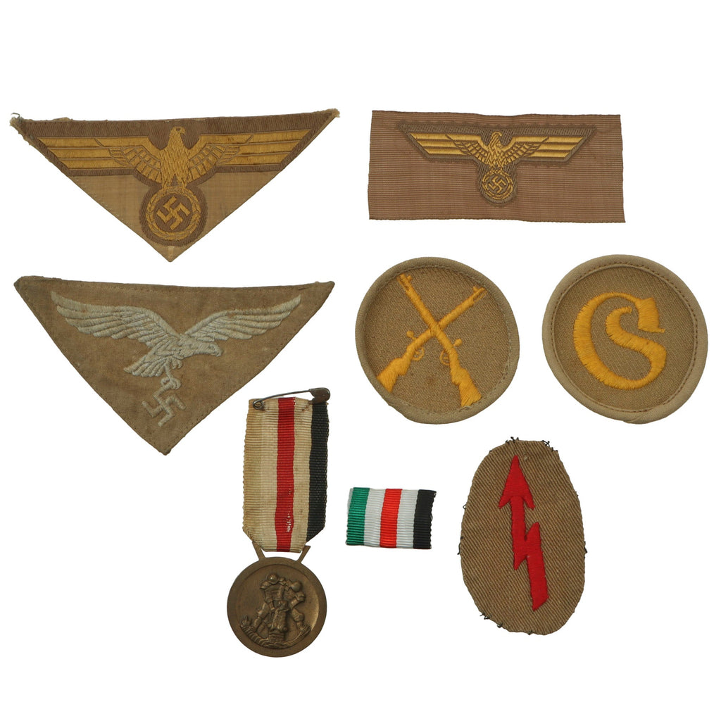 Original German WWII DAK Tropical Insignia Lot with Italian-German Africa Campaign Medal - 8 Items Original Items