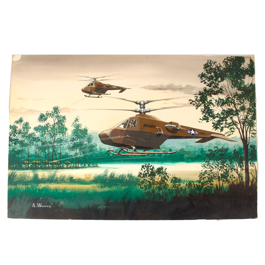 Original U.S. Cold War Andy Whyte Sikorsky Corporation Concept Art Painting of Sikorsky Experimental Aerial Armored Reconnaissance Vehicle, AARV Being Shot at in Vietnam, ca.1960s - 19⅞ x 29⅞”