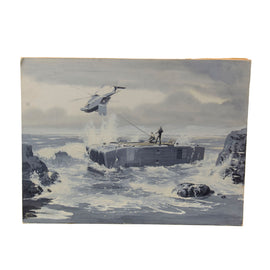 Original U.S. Cold War Andy Whyte Sikorsky Corporation Concept Art Painting of Concept / Prototype Sikorsky CH-53 Sea Stallion Helicopter Rescue, ca.1960s - 14¾ x 19¼”