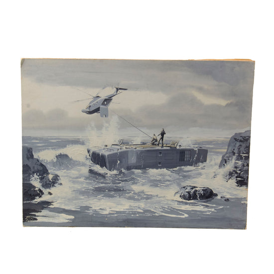Original U.S. Cold War Andy Whyte Sikorsky Corporation Concept Art Painting of Concept / Prototype Sikorsky CH-53 Sea Stallion Helicopter Rescue, ca.1960s - 14¾ x 19¼”