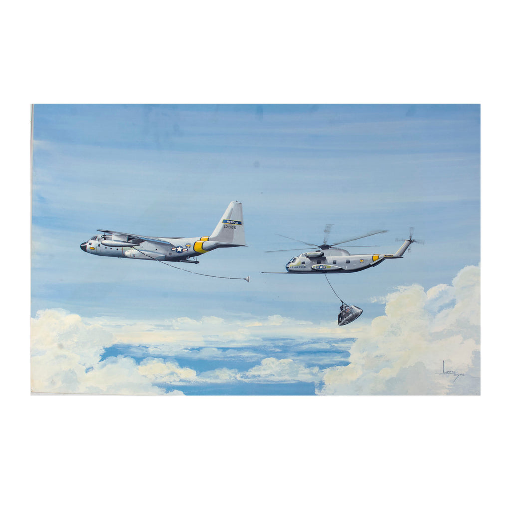 Original U.S. Cold War Andy Whyte Sikorsky Corporation Concept Art Painting of H-53 Sea Stallion Recovering NASA Space Capsule with C-130 Tanker - 23¼ x 34¾” Original Items