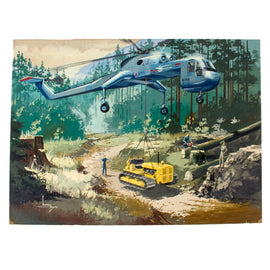 Original U.S. Cold War Andy Whyte Sikorsky Corporation Concept Art Painting of Concept / Prototype Sikorsky CH-54 Tarhe “The Crane” Delivering Machinery, ca.1960s - 22 x 30”