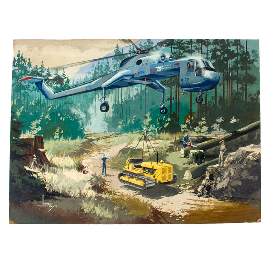 Original U.S. Cold War Andy Whyte Sikorsky Corporation Concept Art Painting of Concept / Prototype Sikorsky CH-54 Tarhe “The Crane” Delivering Machinery, ca.1960s - 22 x 30” Original Items