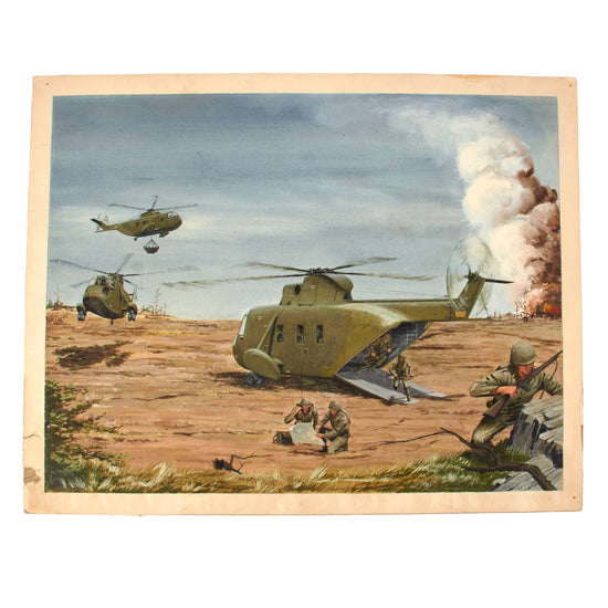 Original U.S. Ca. 1960s Ross Sikorsky Corporation Concept Art Painting Depicting Prototype Helicopter Offloading Troops - 19 x 24” Original Items