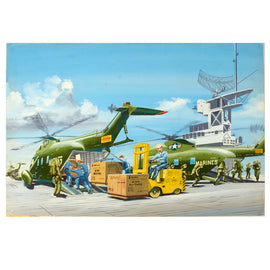 Original U.S. Cold War Andy Whyte Sikorsky Corporation Concept Art Painting of Concept / Prototype Sikorsky Helicopter Loading Supplies on Aircraft Carrier - 20 x 30”