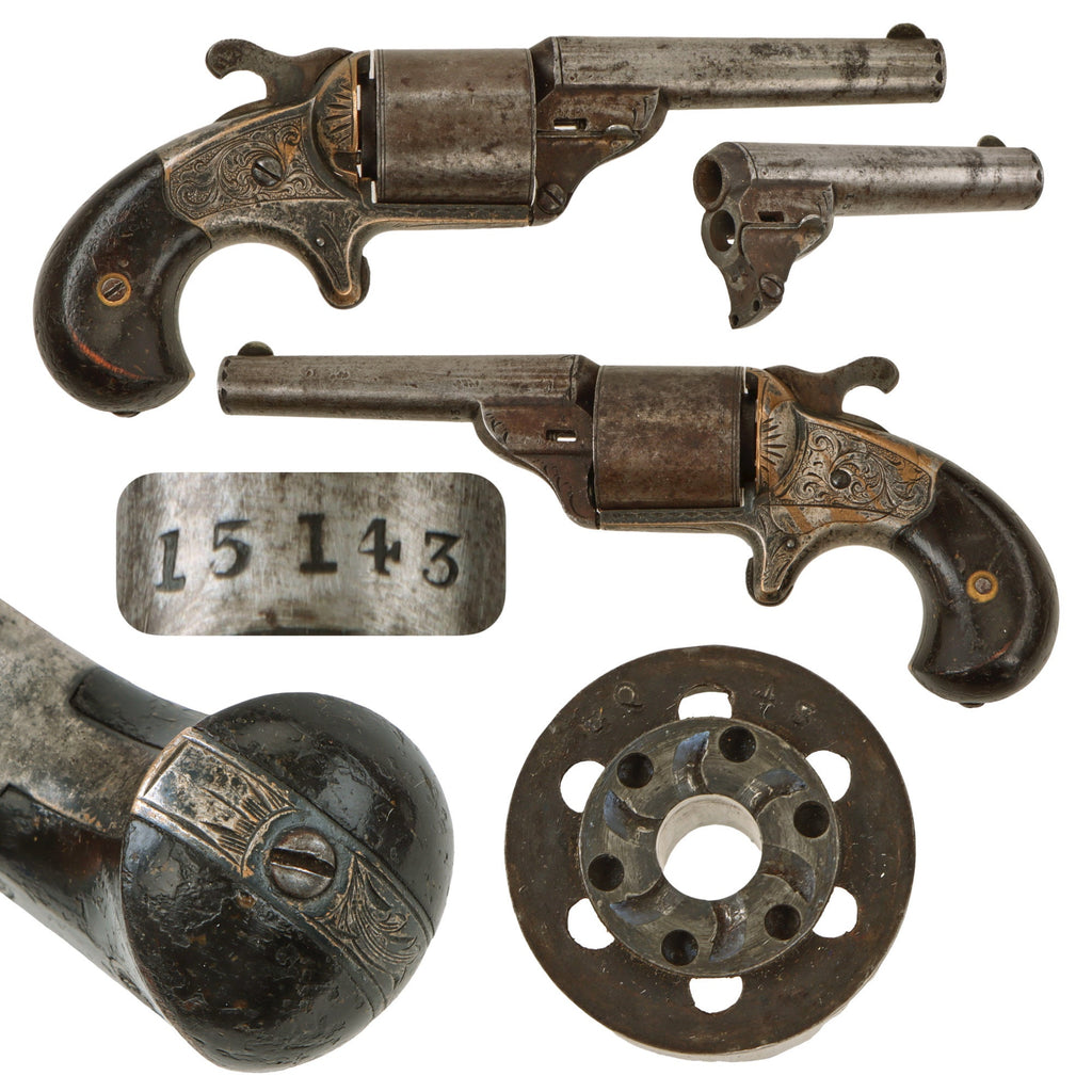 Original U.S. Civil War Era Moore's Patent Firearms Teat Fire .32 Cal Brass Frame Engraved Revolver - Matching Serial 15143 Original Items