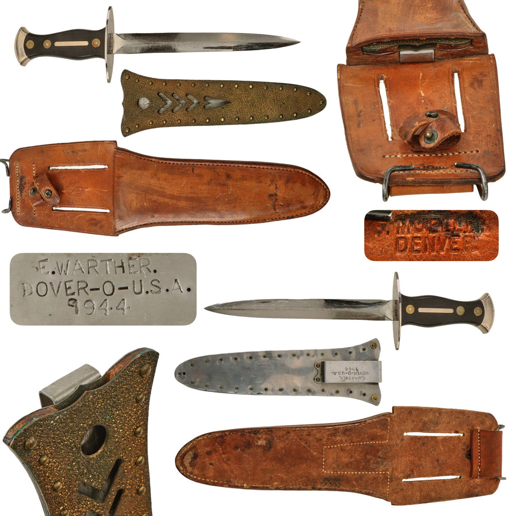 Original U.S. WWII Rare Ernest “Mooney” Warther Fighting Knife With Correct Scabbard and Custom Outer Sheath by F. Mueller of Denver - Dated 1944 - From Collection of American Edged Weapon Museum Original Items