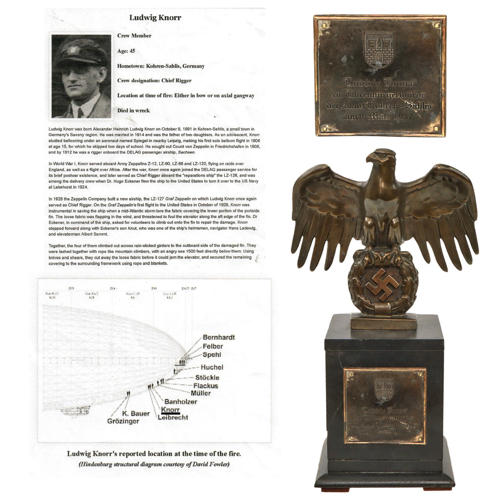 Original German Hindenburg Disaster Chief Rigger Ludwig Knorr Town of Kohren-Sahlis Honorary Citizenship Award with Bronze German Desk Eagle on Marble Base Dated March 8th, 1937, Two Months Prior to Disaster Original Items