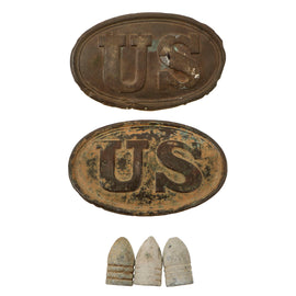 Original U.S. Civil War Relic Lot with Cartridge Box Plates and Bullets - Five Items Total